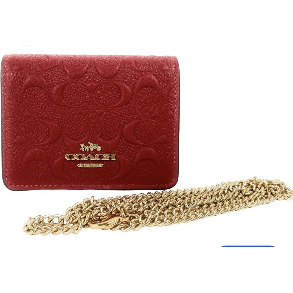 COACH Red Mini Wallet on a Chain with Embossed Logo Signature Print